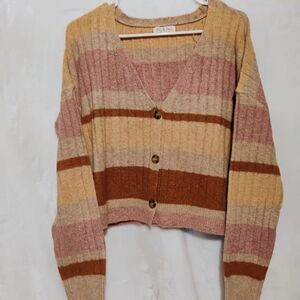 Jolie & Joy Striped Ribbed Knit Cropped Cardigan Sweater Large Pink Tan Pastel A